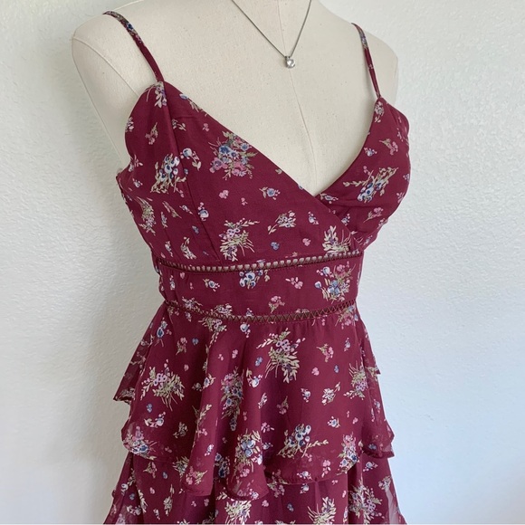 Burgundy Red Floral Print Tiered Ruffle Mini Dress - Picture 2 of 16